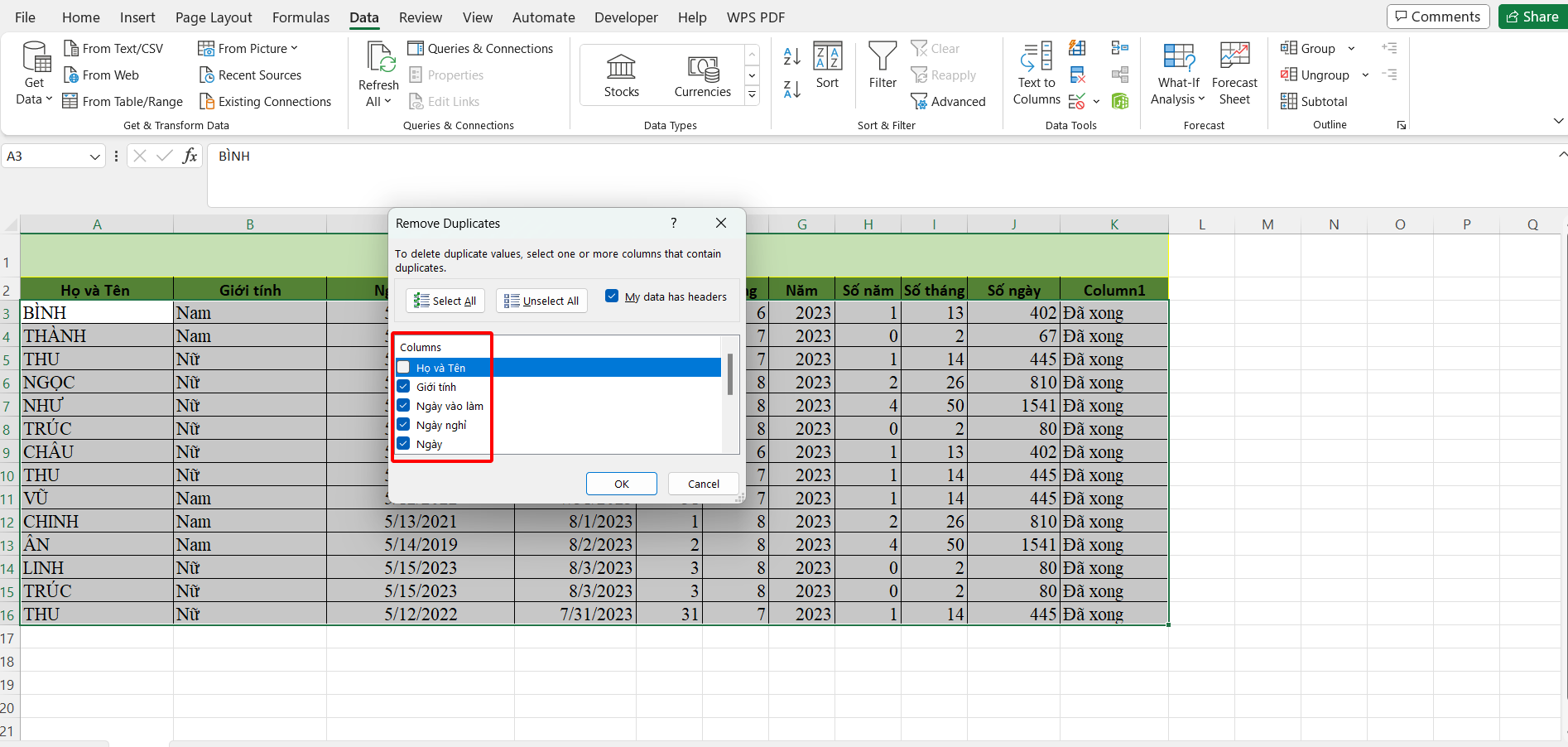 Dùng Remove Duplicate để lọc dữ liệu trùng nhau trong Excel