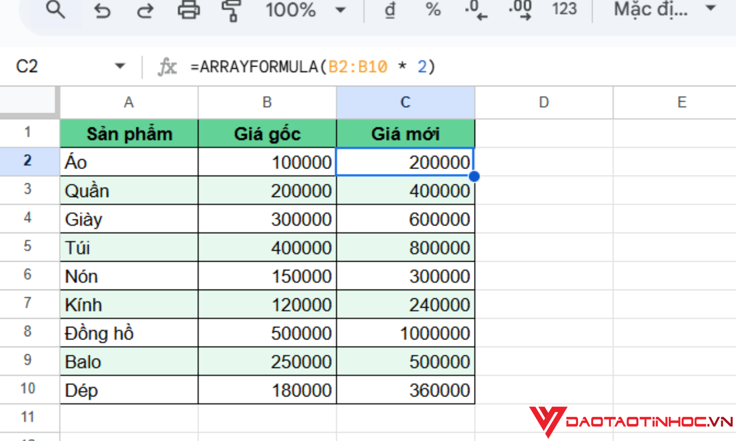 Hàm ARRAYFORMULA