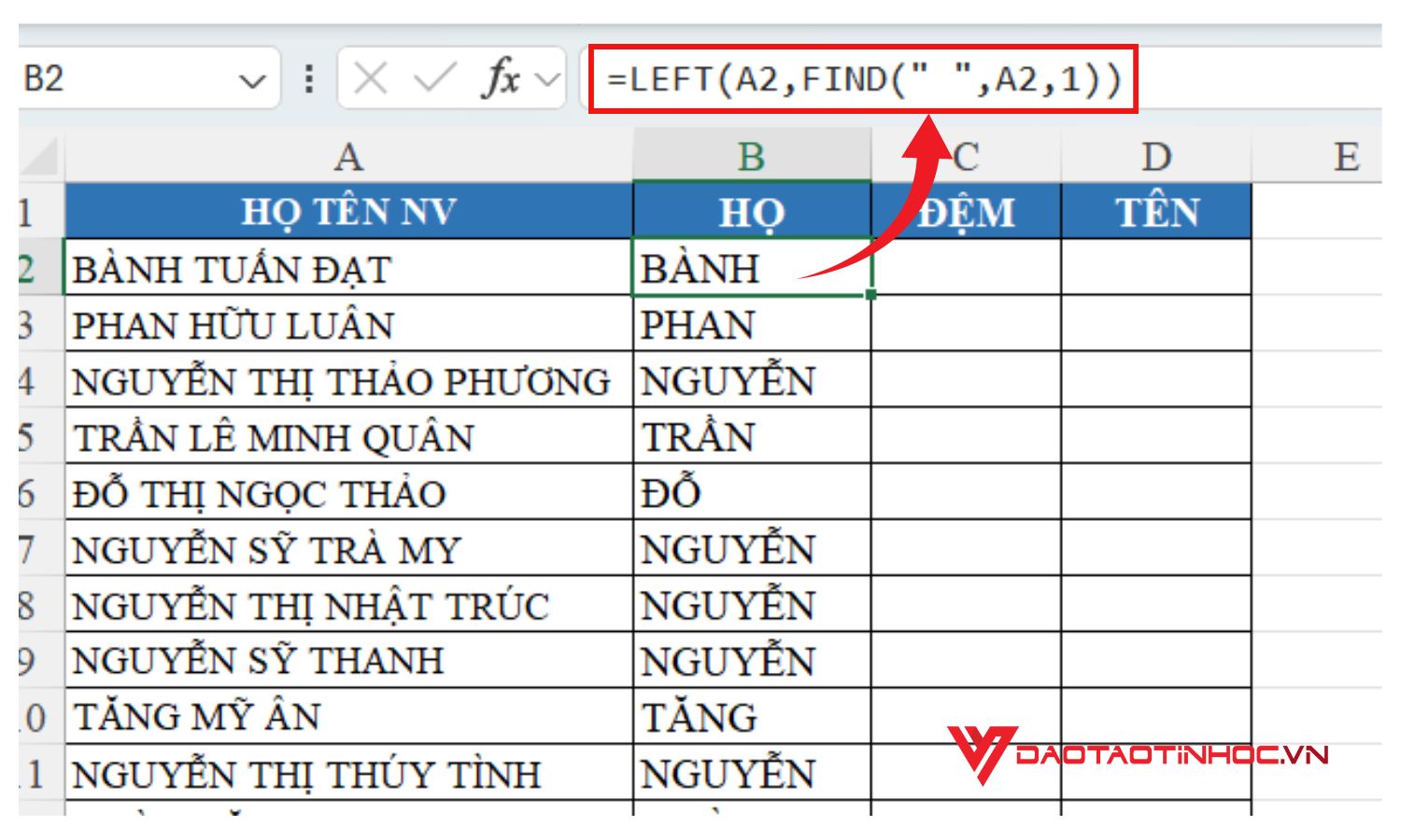 Hàm LEFT kết hợp với hàm FIND