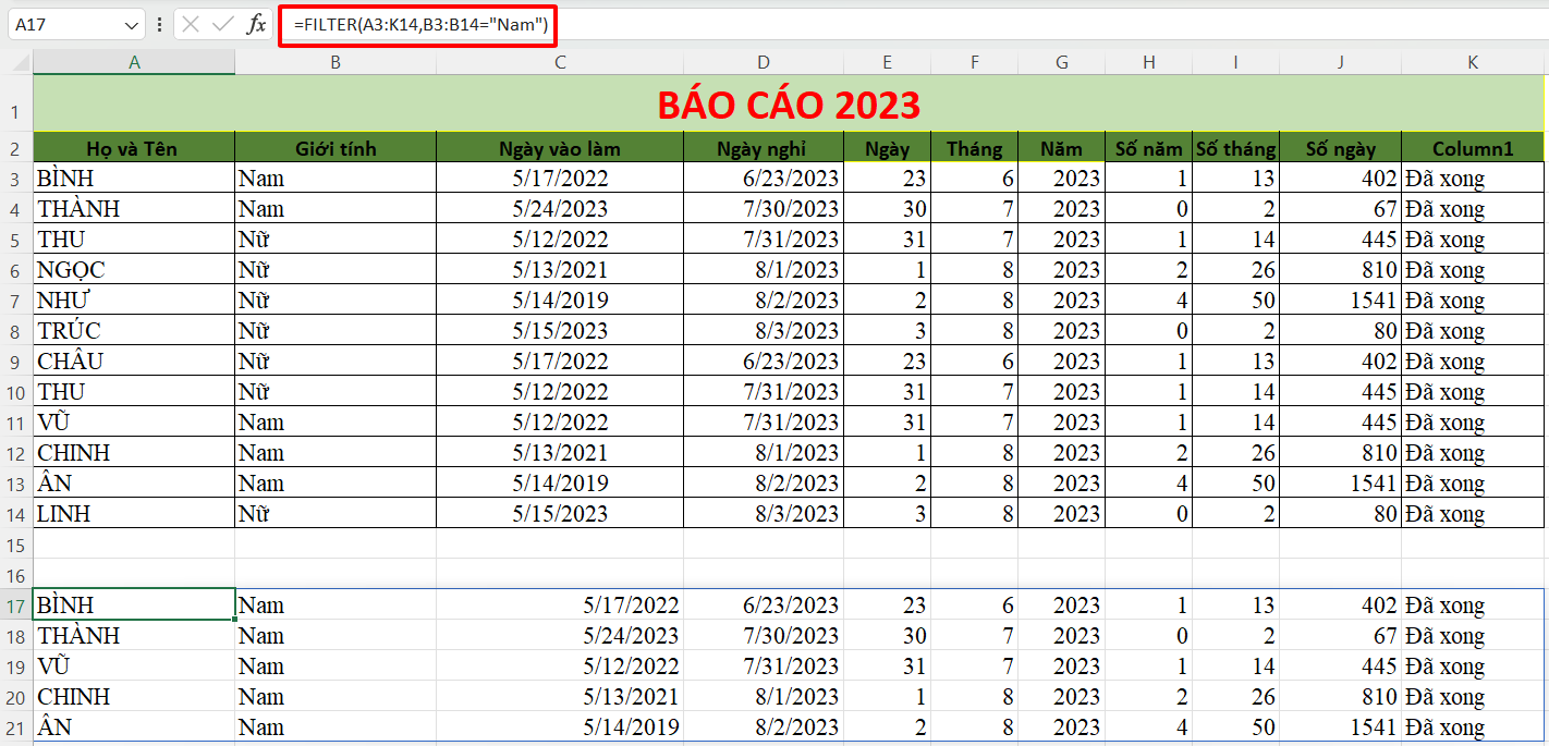 Hàm lọc dữ liệu trong Excel