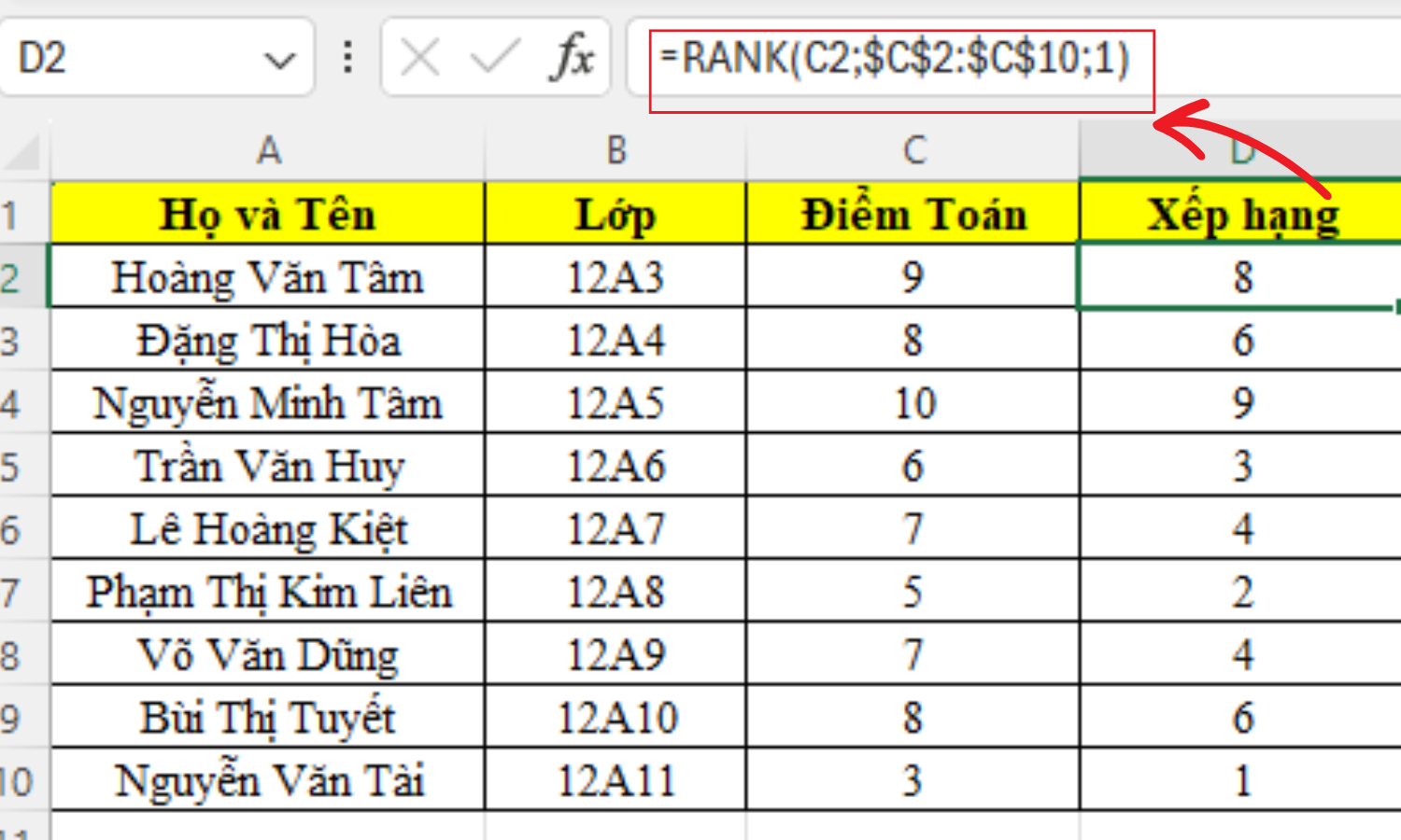 Hàm Rank để xếp hạng theo thứ tự từ cao đến thấp