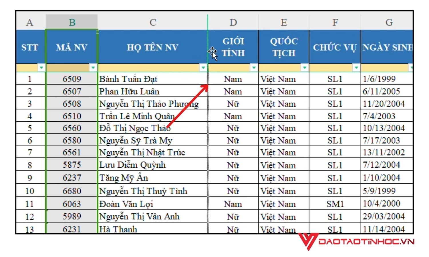 Kéo thả đổi vị trí cột trong Excel - Bước 3