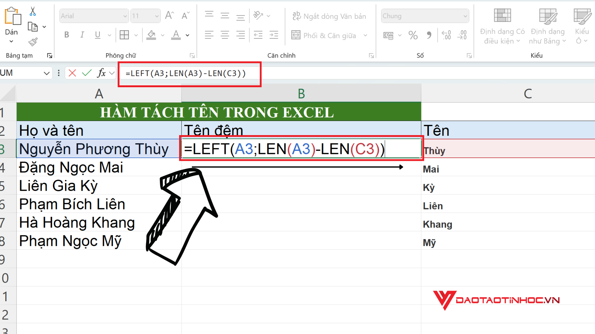 Nhập công thức vào cột tên đệm