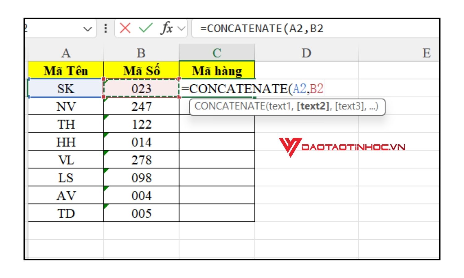 Nhập trực tiếp hàm Concatenate