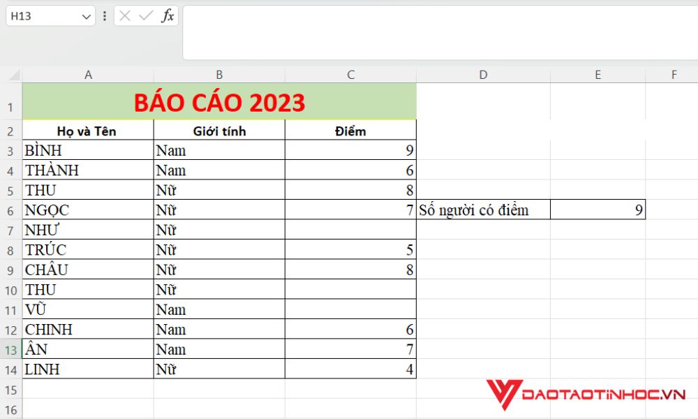 Sử dụng hàm COUNT để đếm số dòng trong Excel 2