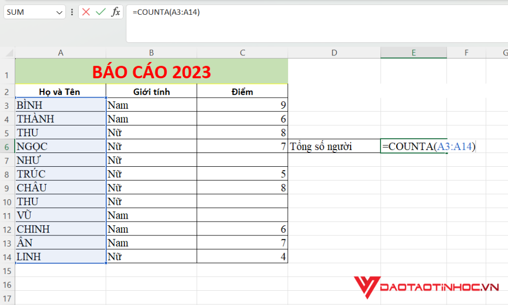 Sử dụng hàm COUNTA để đếm số dòng trong Excel 1