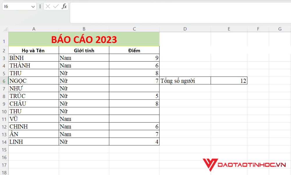 Sử dụng hàm COUNTA để đếm số dòng trong Excel 2