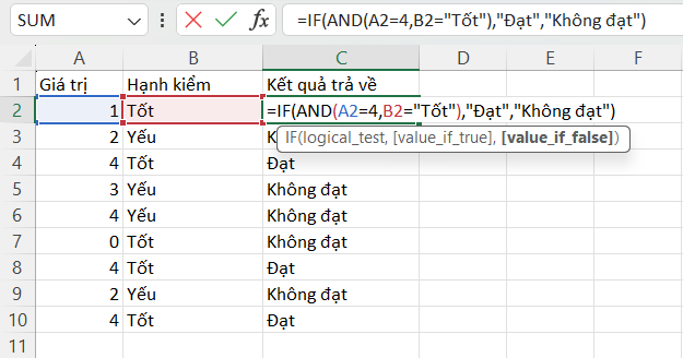 Sử dụng kết hợp hàm IF và AND cho trường hợp nhiều điều kiện