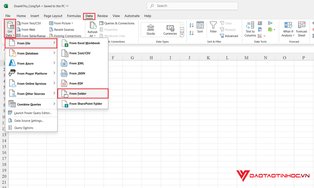 Sử dụng Power Query để gộp file Excel - Bước 2