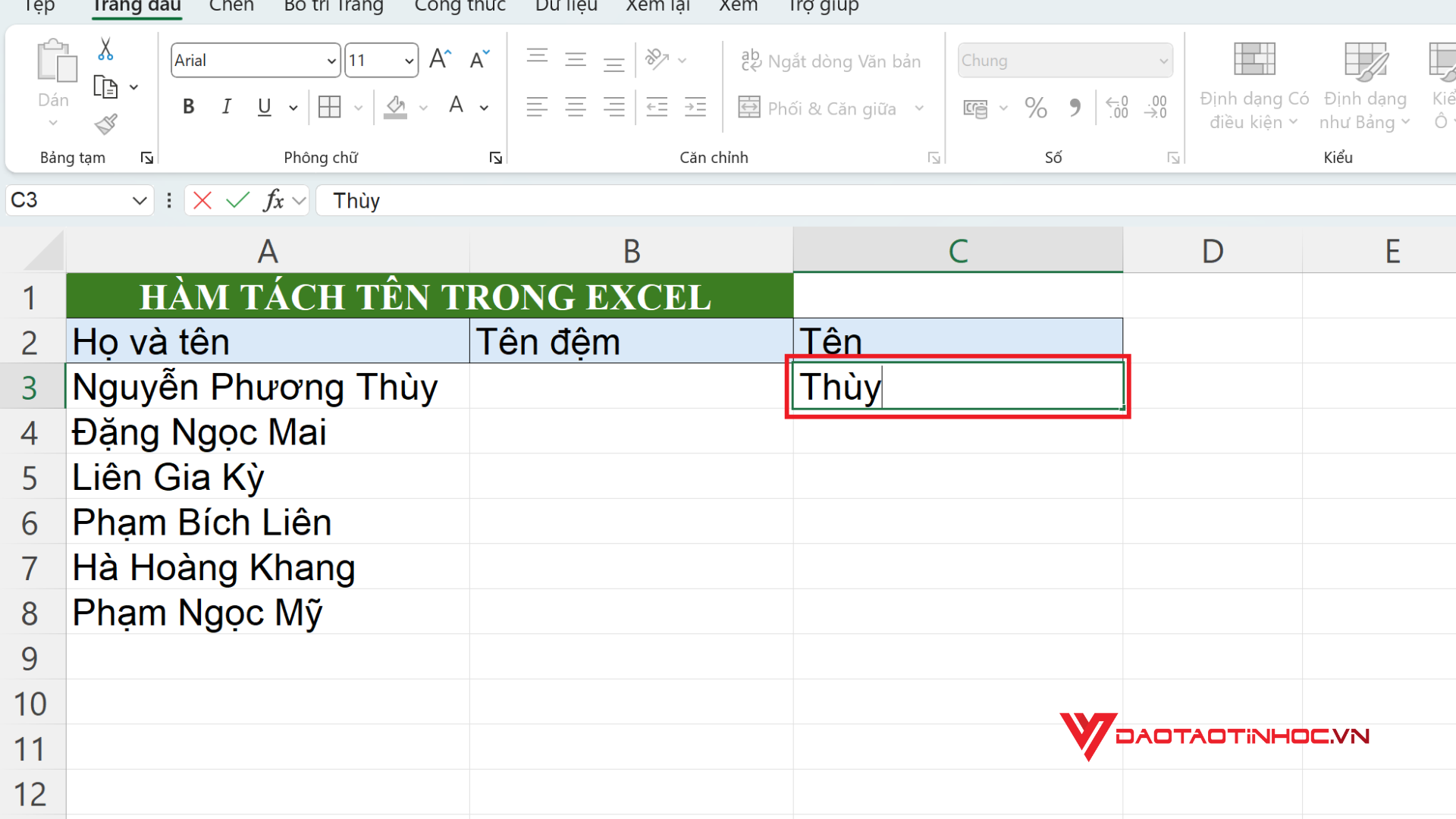 Tách tên thủ công dựa theo cột “Họ và tên”