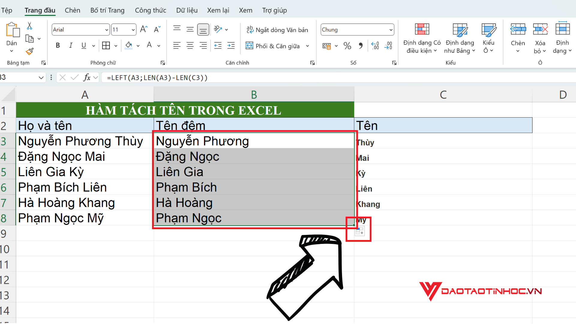 Tên đệm sau khi được tách  