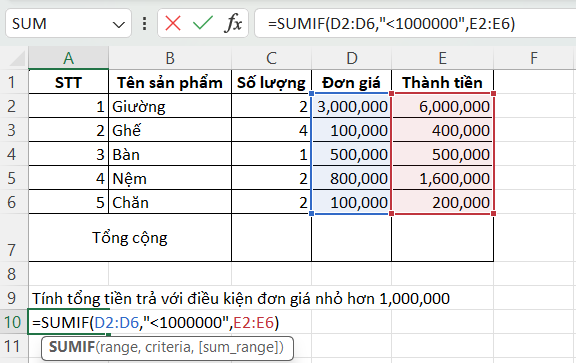 Tính tổng có điều kiện trong Excel bằng hàm SUMIF