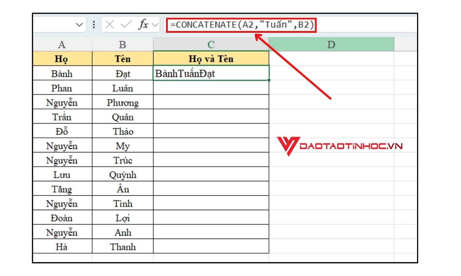 Ví dụ 3 hàm Concatenate