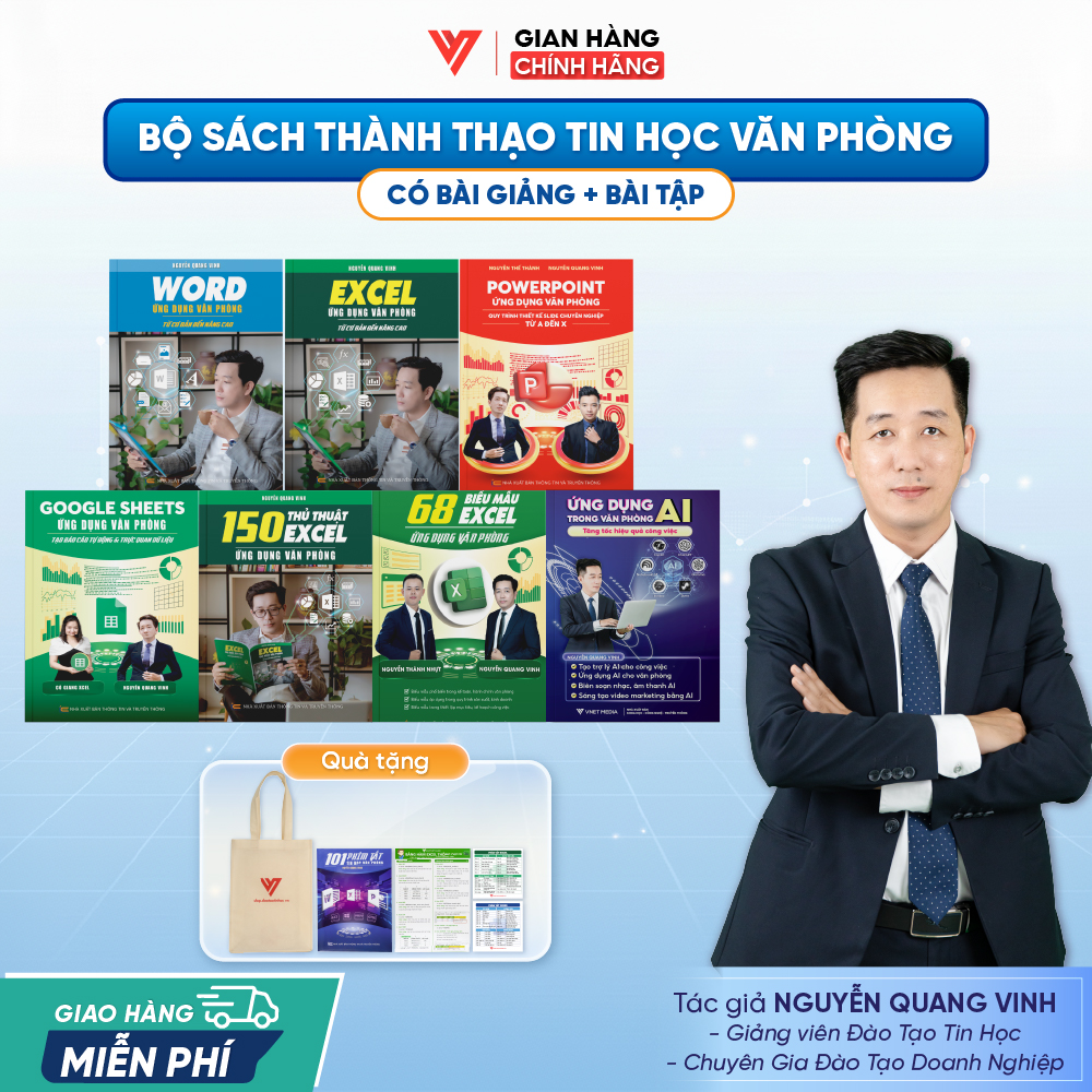 Bộ 7 sách Word - Excel - PowerPoint - Google Sheets - 150TT Excel - 68 biểu mẫu Excel và Ứng dụng AI Trong Văn Phòng