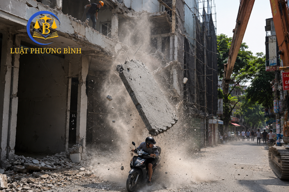 Ai phải bồi thường khi phá dỡ công trình làm rơi vật liệu trúng người đi đường?