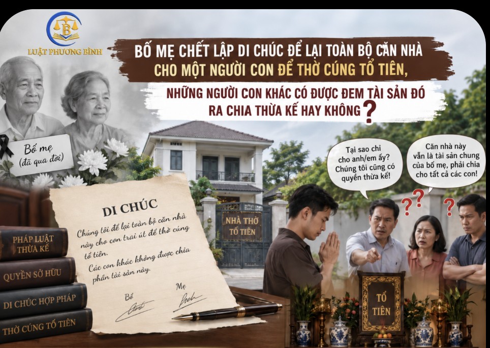 Bố mẹ chết lập di chúc để lại toàn bộ căn nhà cho một người con để thờ cúng tổ tiên, những người con khác có được đem tài sản đó ra chia thừa kế hay không?