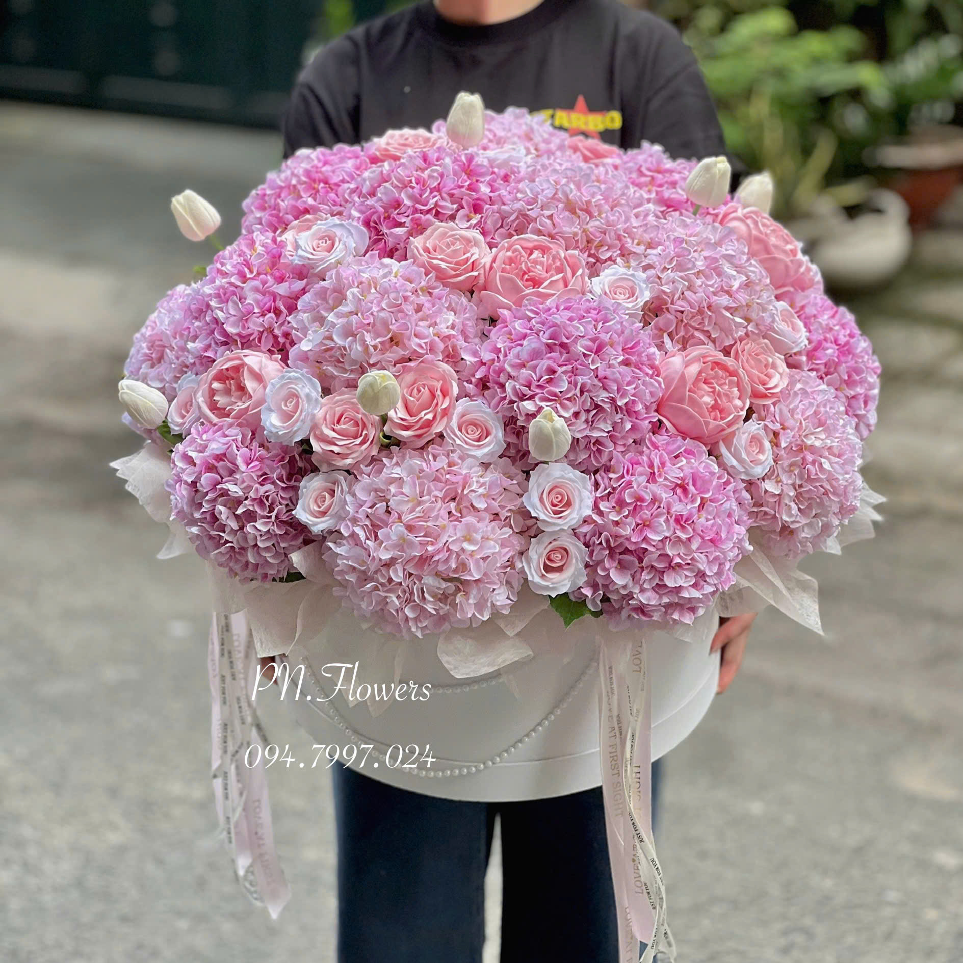 Chậu Hoa Cẩm Tú Cầu Lụa Mix Tone Hồng