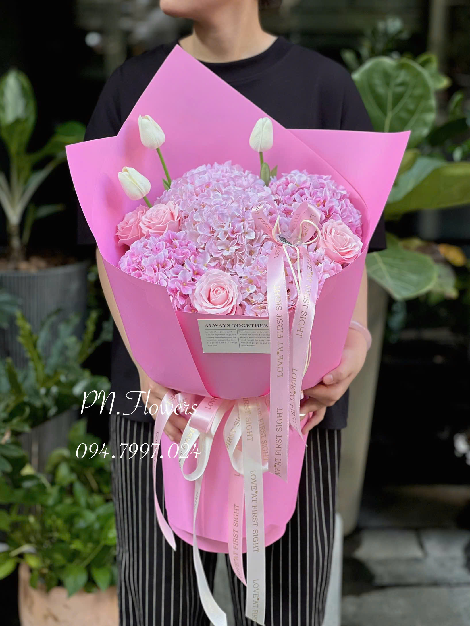 Bó Hoa Cẩm Tú Cầu Lụa 5 Bông Mix Tone Hồng