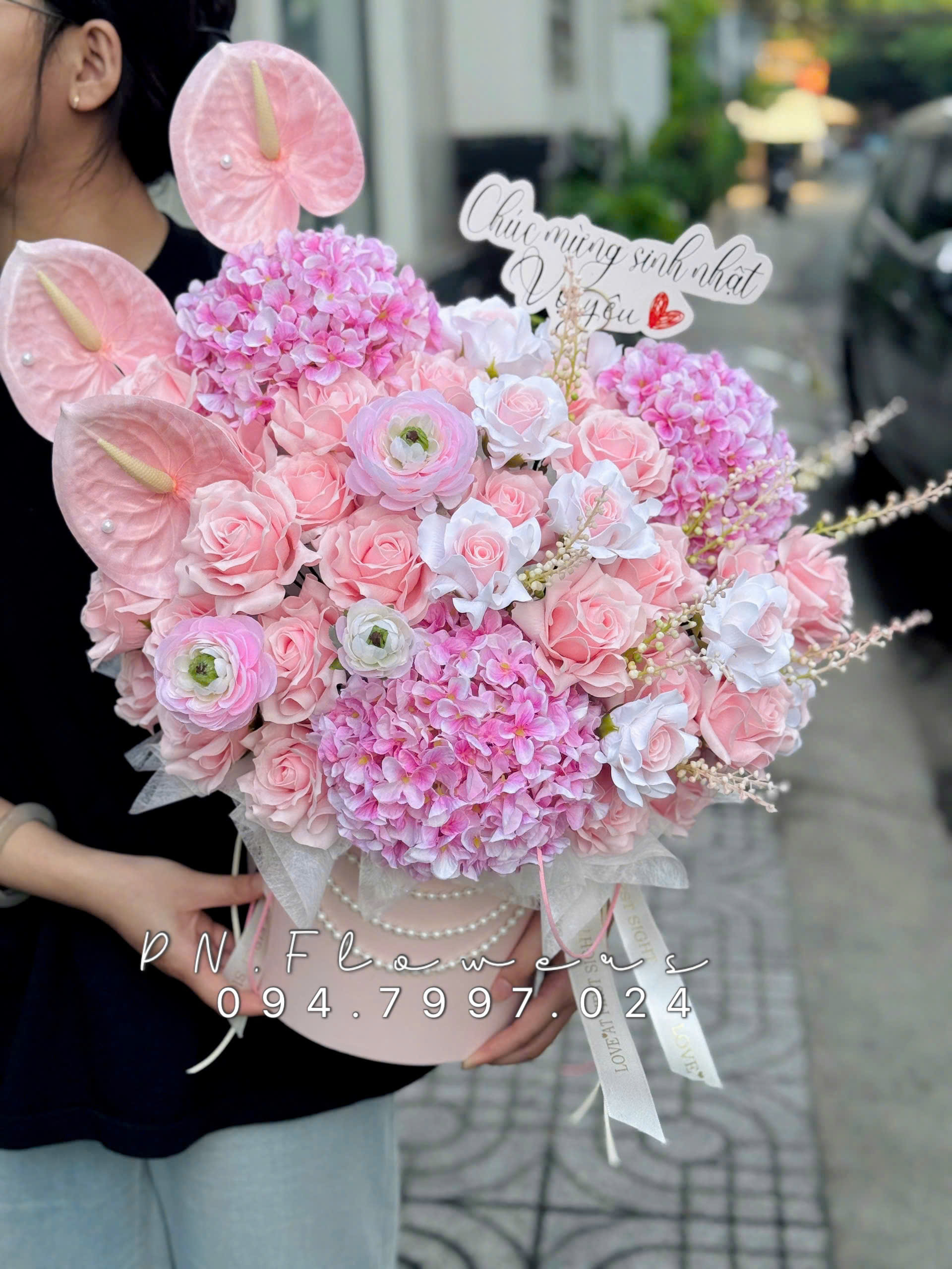 Chậu Hoa Cẩm Tú Cầu Lụa Mix Hoa Sáp Tone Hồng