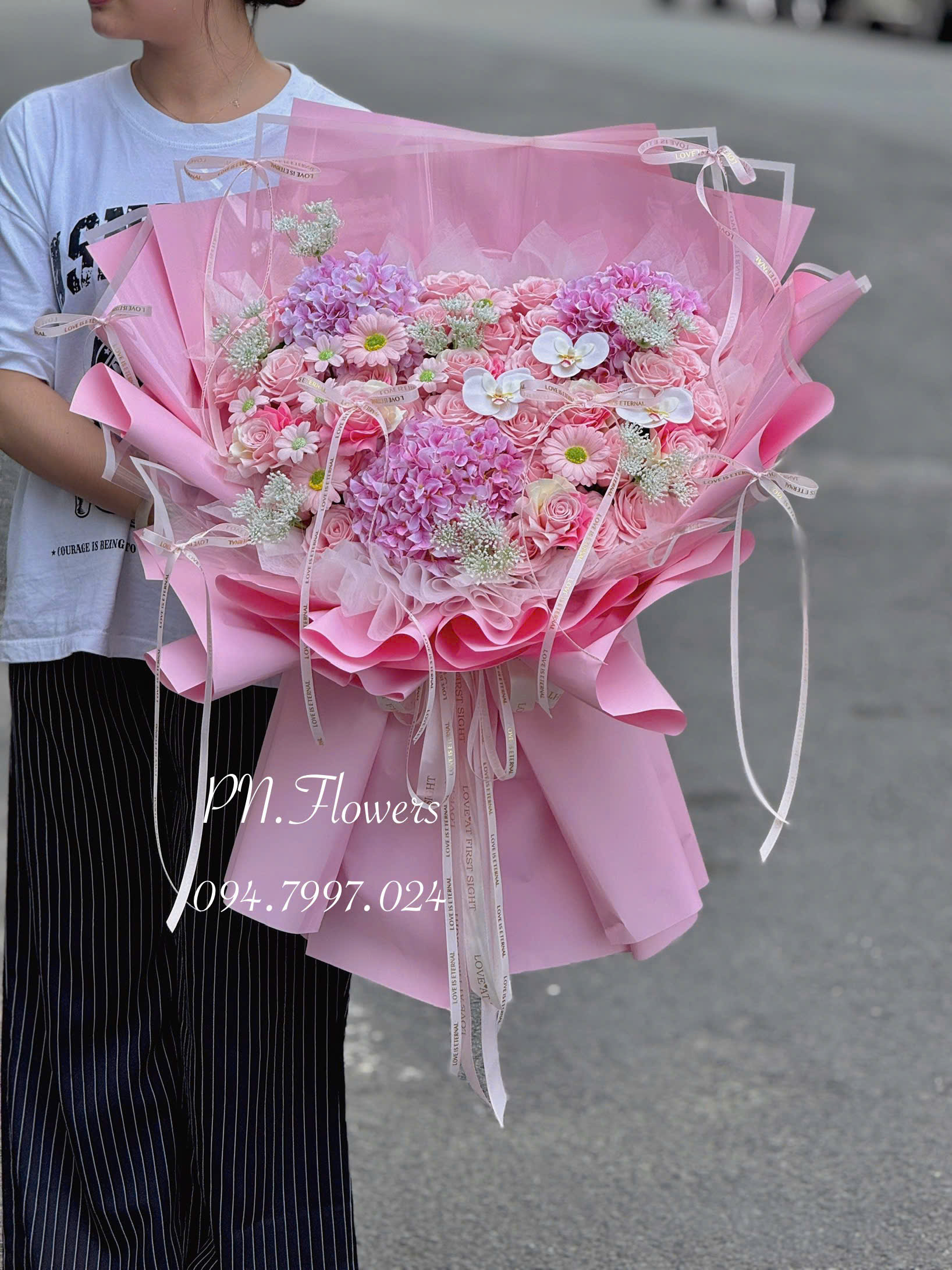 Bó Hoa Cẩm Tú Cầu Lụa Mix Tone Hồng