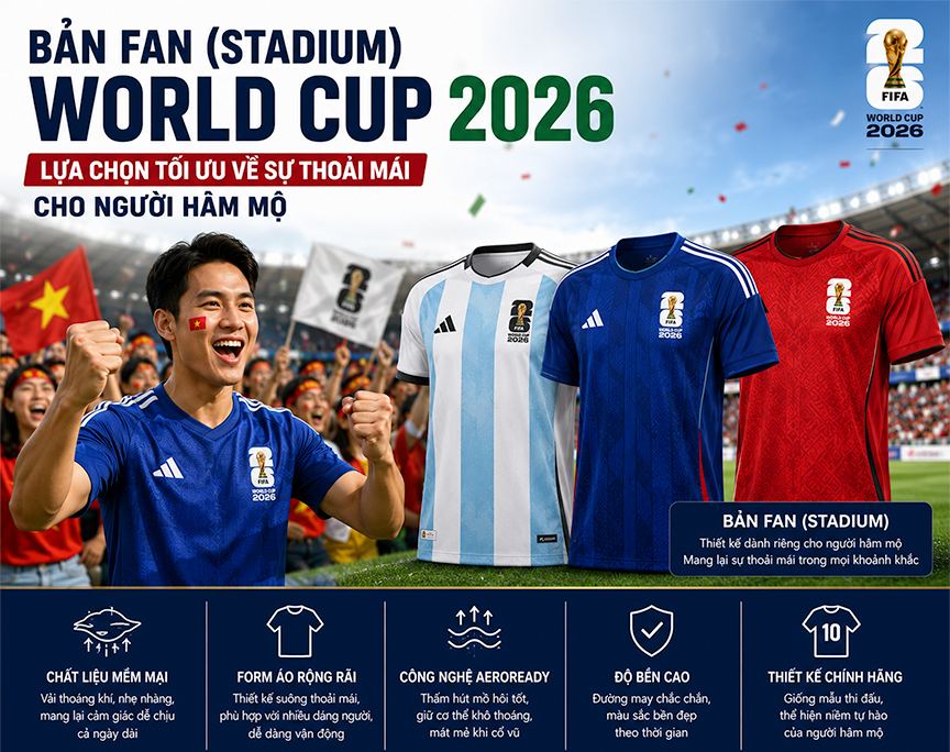 Lựa chọn áo đấu World Cup 2026: Bản Fan (Stadium). Lựa chọn tối ưu về sự thoải mái cho người hâm mộ.