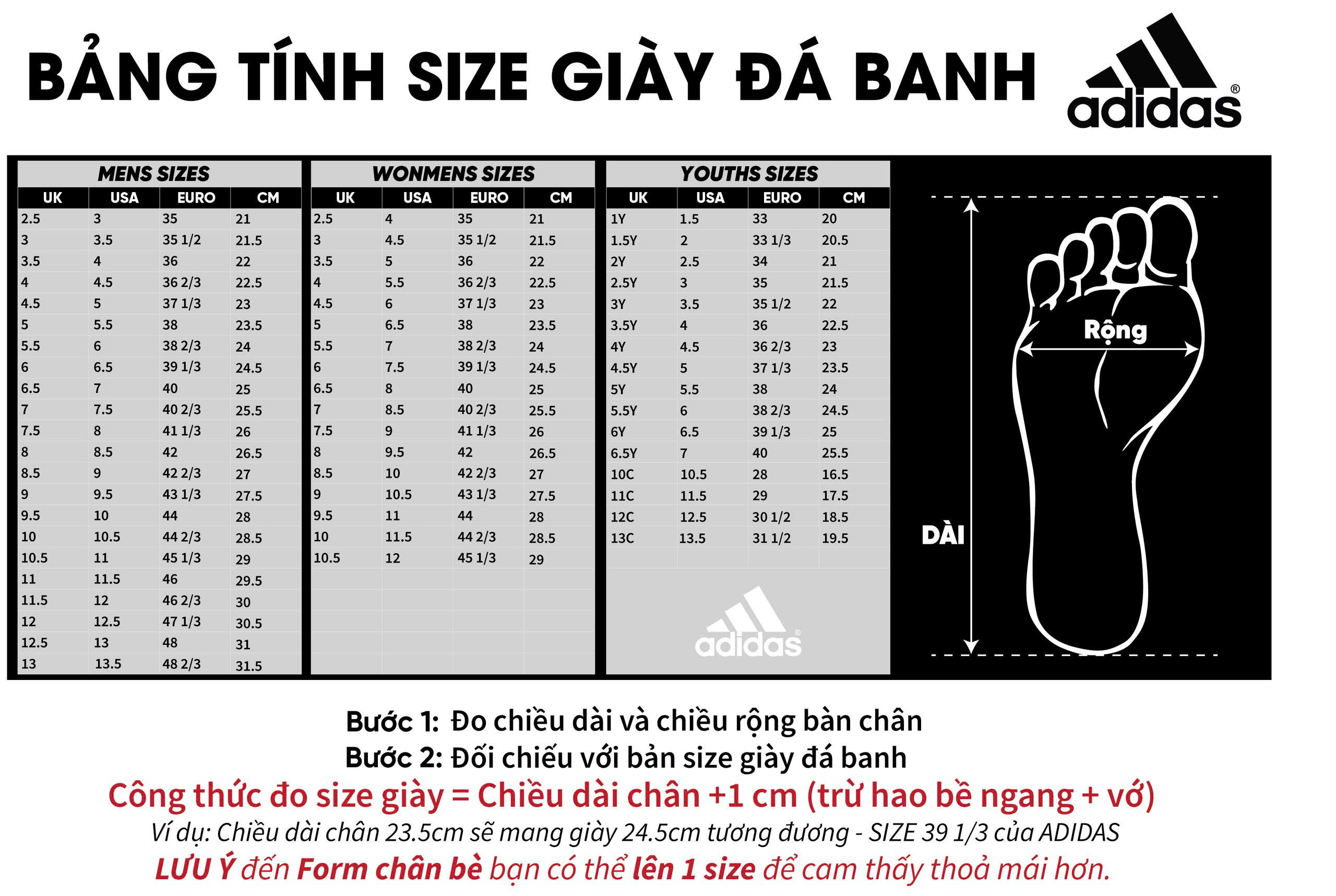 bảng size Adidas