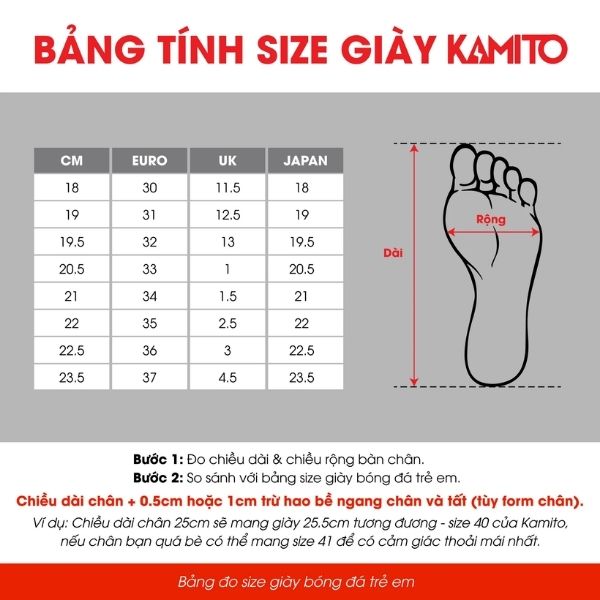 bảng size giày bóng đá trẻ em Kamito