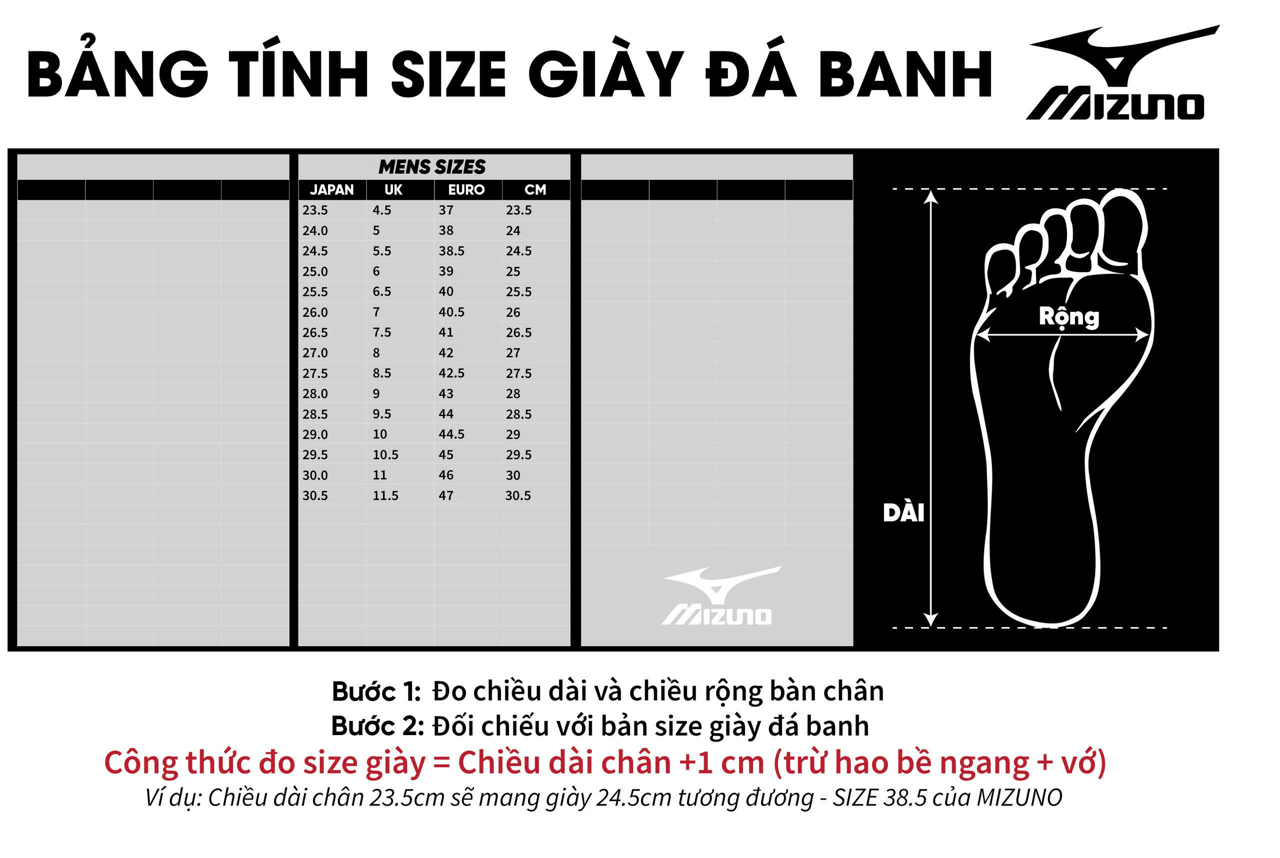 Bảng size giày bóng đá Mizuno