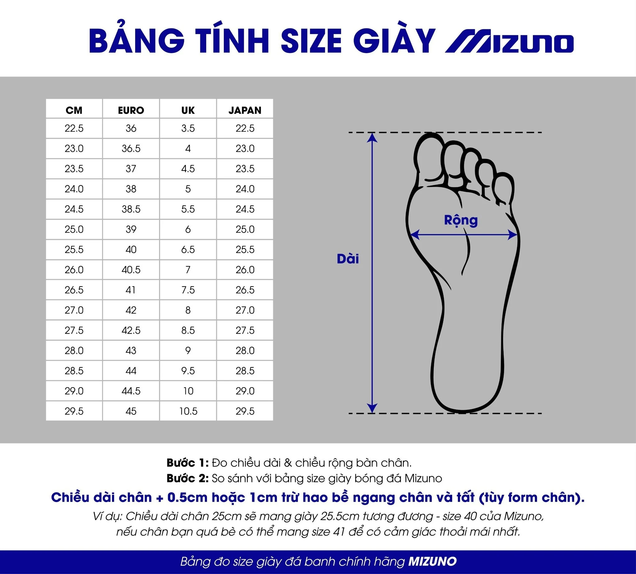 bảng size giày Mizuno