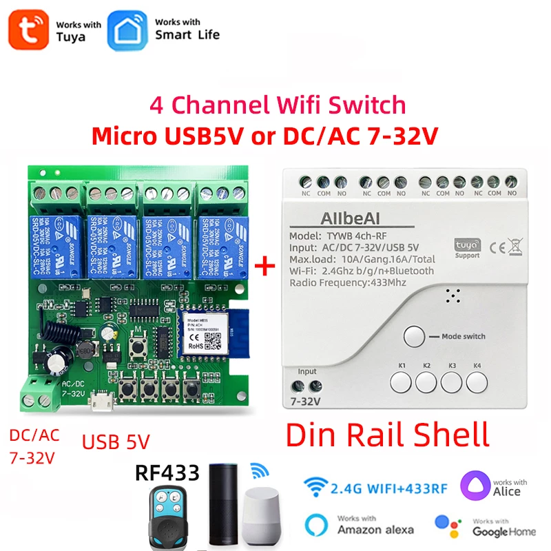 Board Mạch Relay Wifi 4 kênh Tuya-SL04W- (có hộp + remote + app Tuya/Smart Life)
