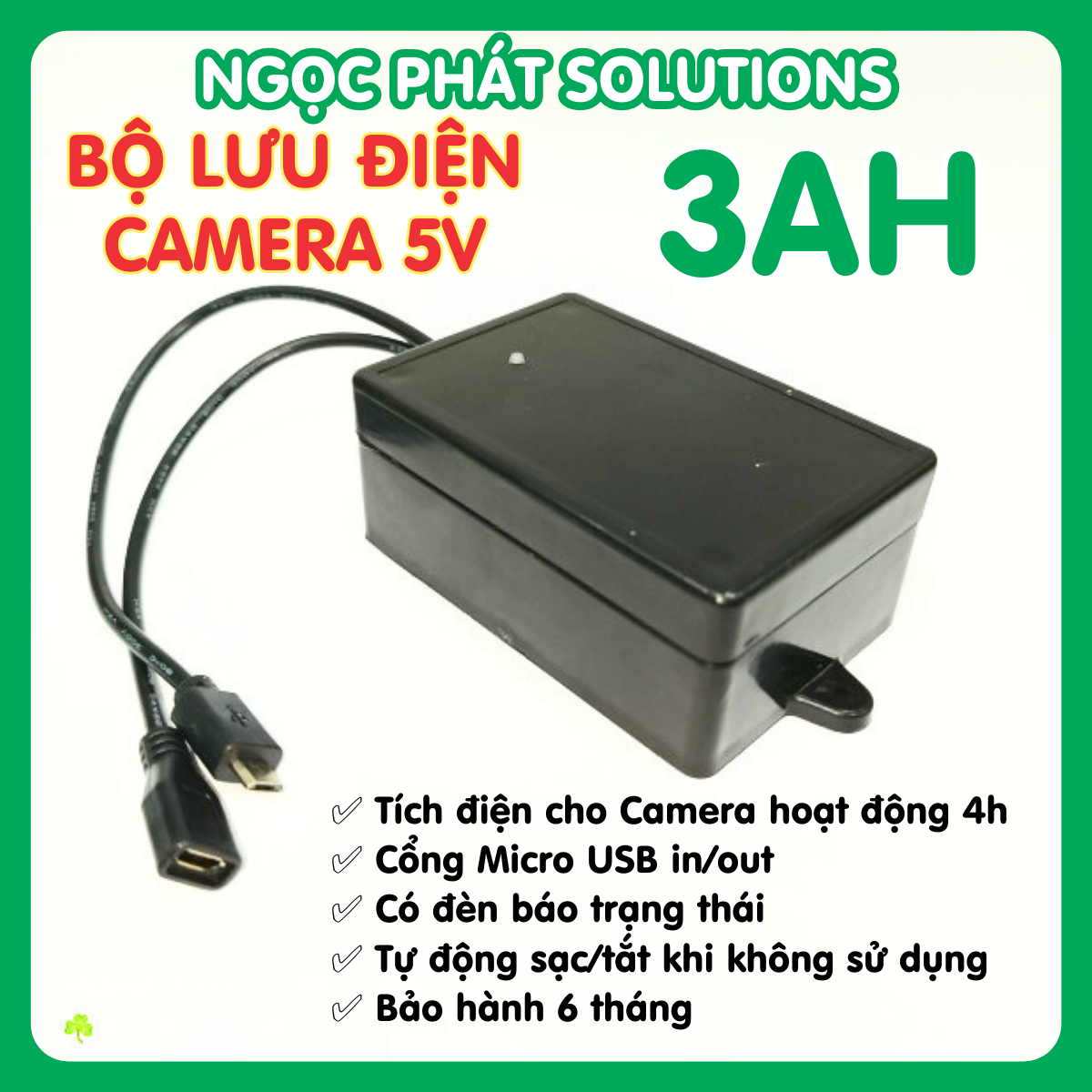 UPS - Bộ lưu điện cho Camera Wifi 5V3Ah | Tích điện 4h | hộp đen có đèn báo sạc | cổng Micro USB in + out 5Vp