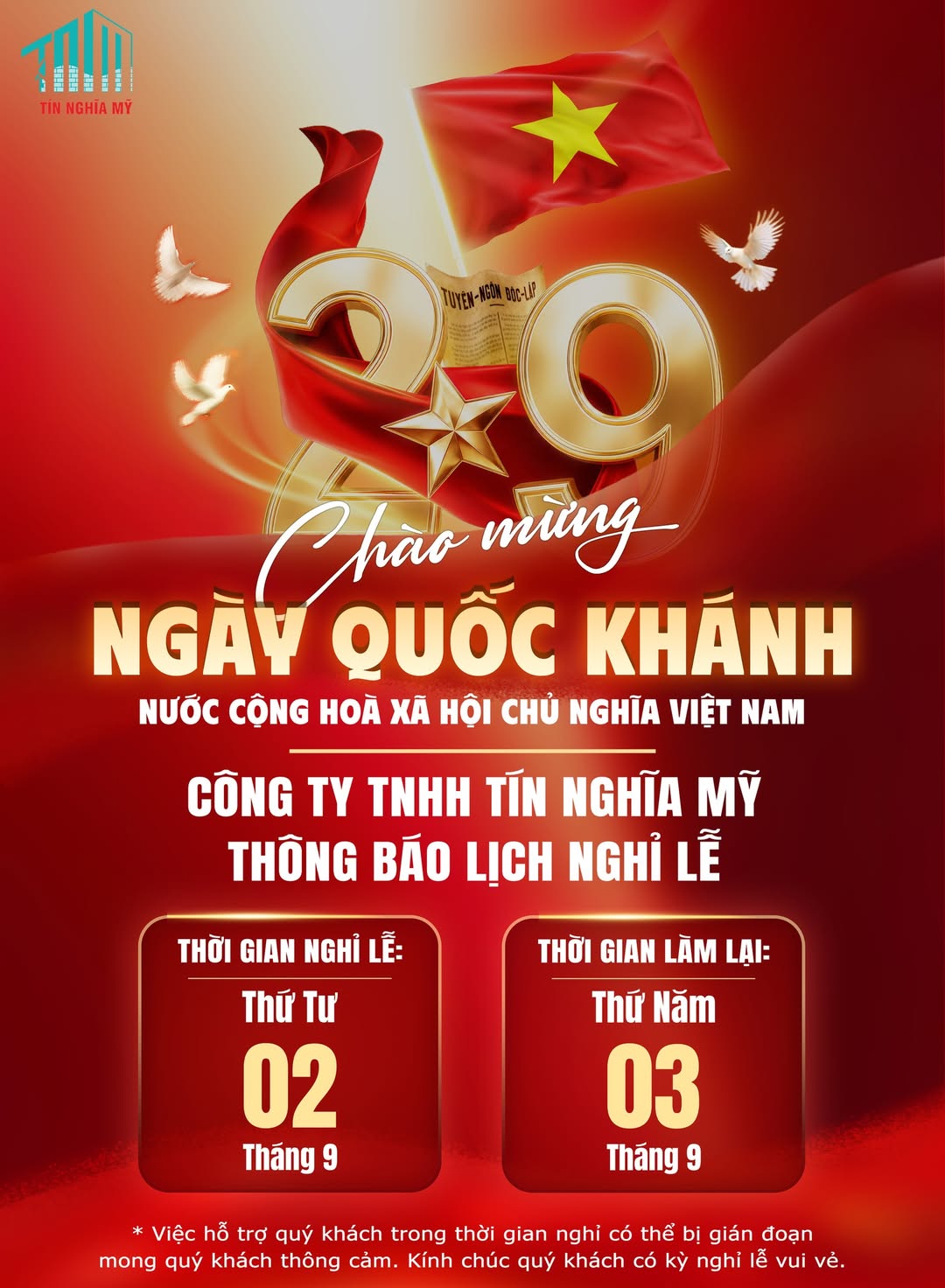 Tín Nghĩa Mỹ Thông Báo Nghỉ Lễ Quốc Khánh 2/9