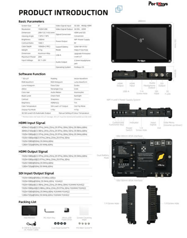 Monitor Portkeys HS8 ( 3G-SDI/4K HDMI HIGH BRIGHTNESS ) | Chính Hãng