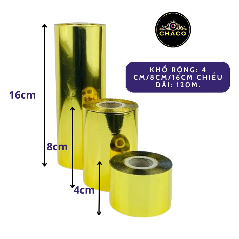 Lá vàng cuộn Chaco Gold cuộn lá vàng 24K công nghiệp dài 120m,rộng 4/8/16cm dùng trong dát vàng đồ mỹ nghệ, trái cây