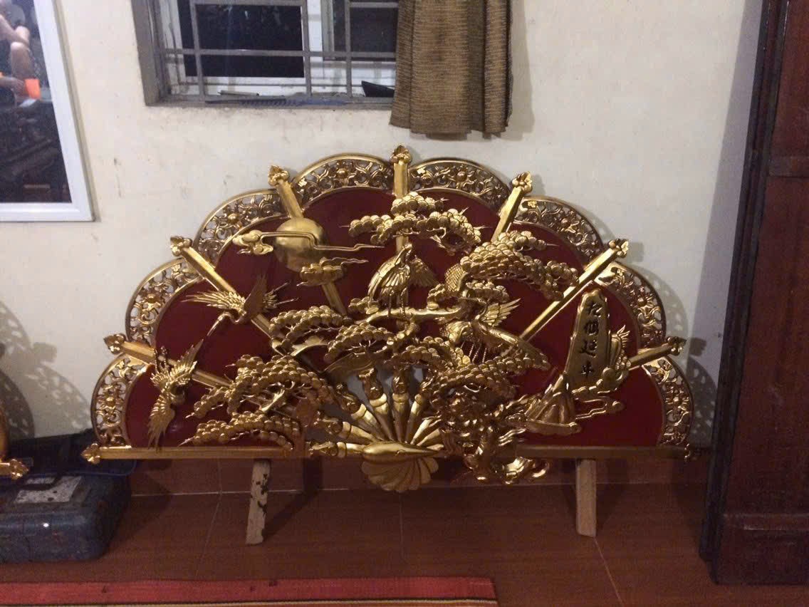 Quạt thờ bằng gỗ dổi chạm trổ Tùng Hạc thờ cúng đẹp nhất