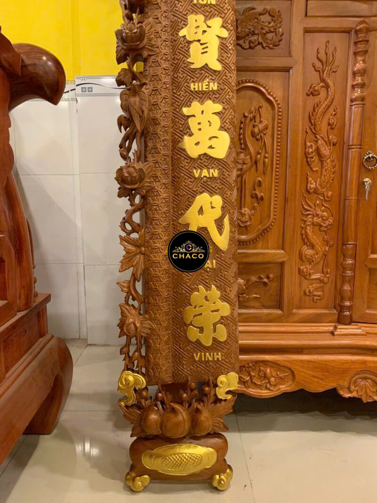 Bộ cuốn thư câu đối lân phụng gỗ gõ đỏ 1.97m CT001