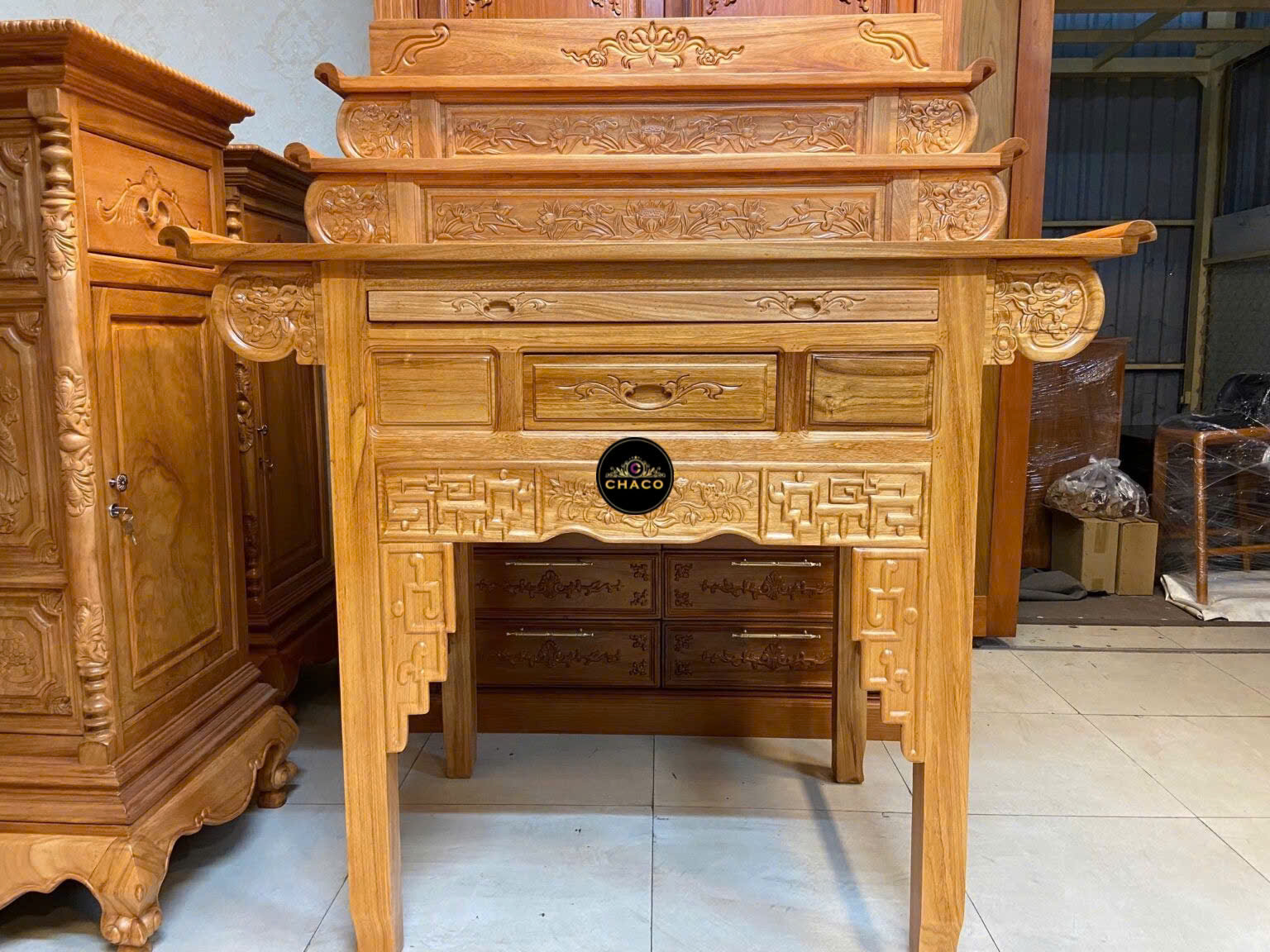 Bàn thờ TAM cấp gõ đỏ chạm sen hàng HOT 1.47m