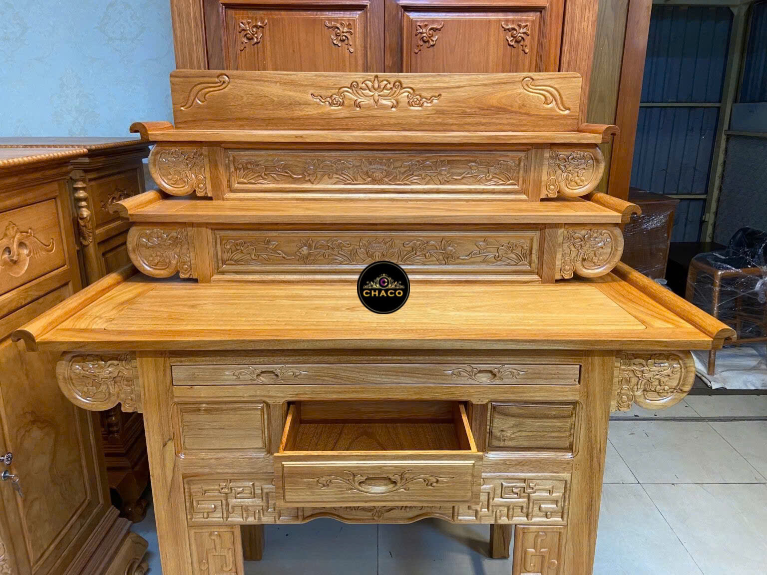 Bàn thờ TAM cấp gõ đỏ chạm sen hàng HOT 1.47m