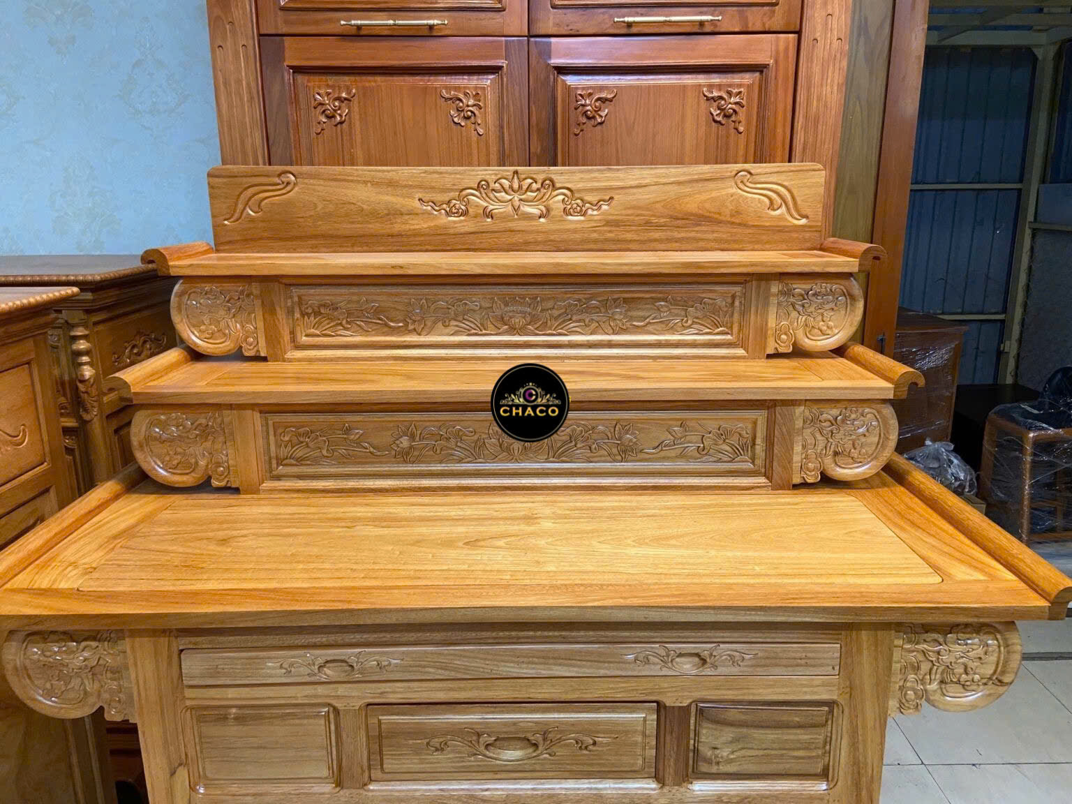 Bàn thờ TAM cấp gõ đỏ chạm sen hàng HOT 1.47m