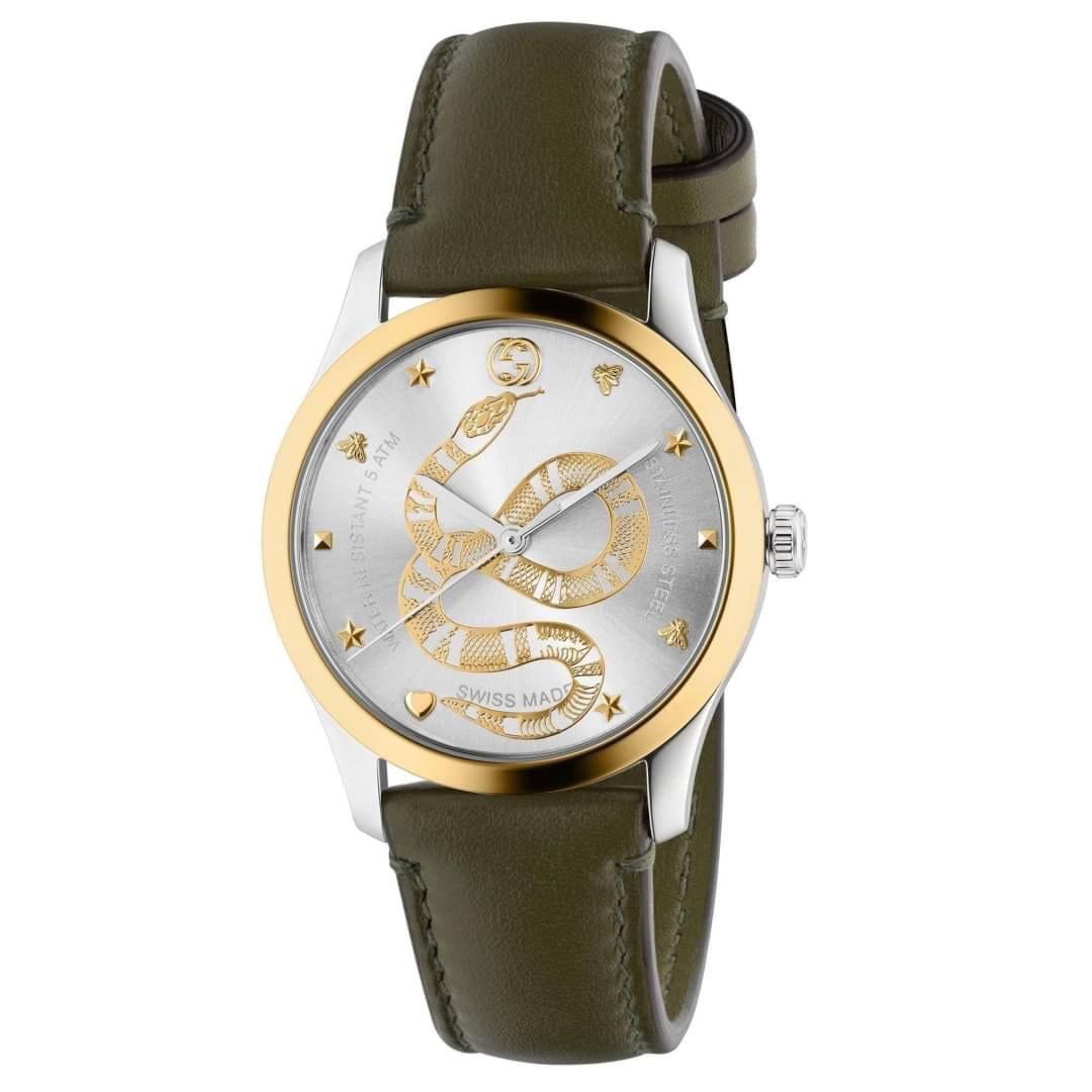 Gucci G-Timeless Silver Dial with Snake Gold Green Leather Unisex Watch