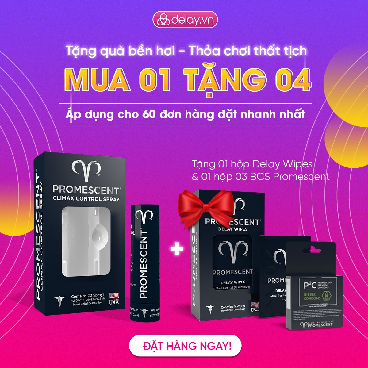 [Thất tịch_Mua 1 tặng 4] Delay spray 60 tặng kèm 1 hộp Promescent wipes và 3 hộp BCS Promescent ultra thin/ ribbed