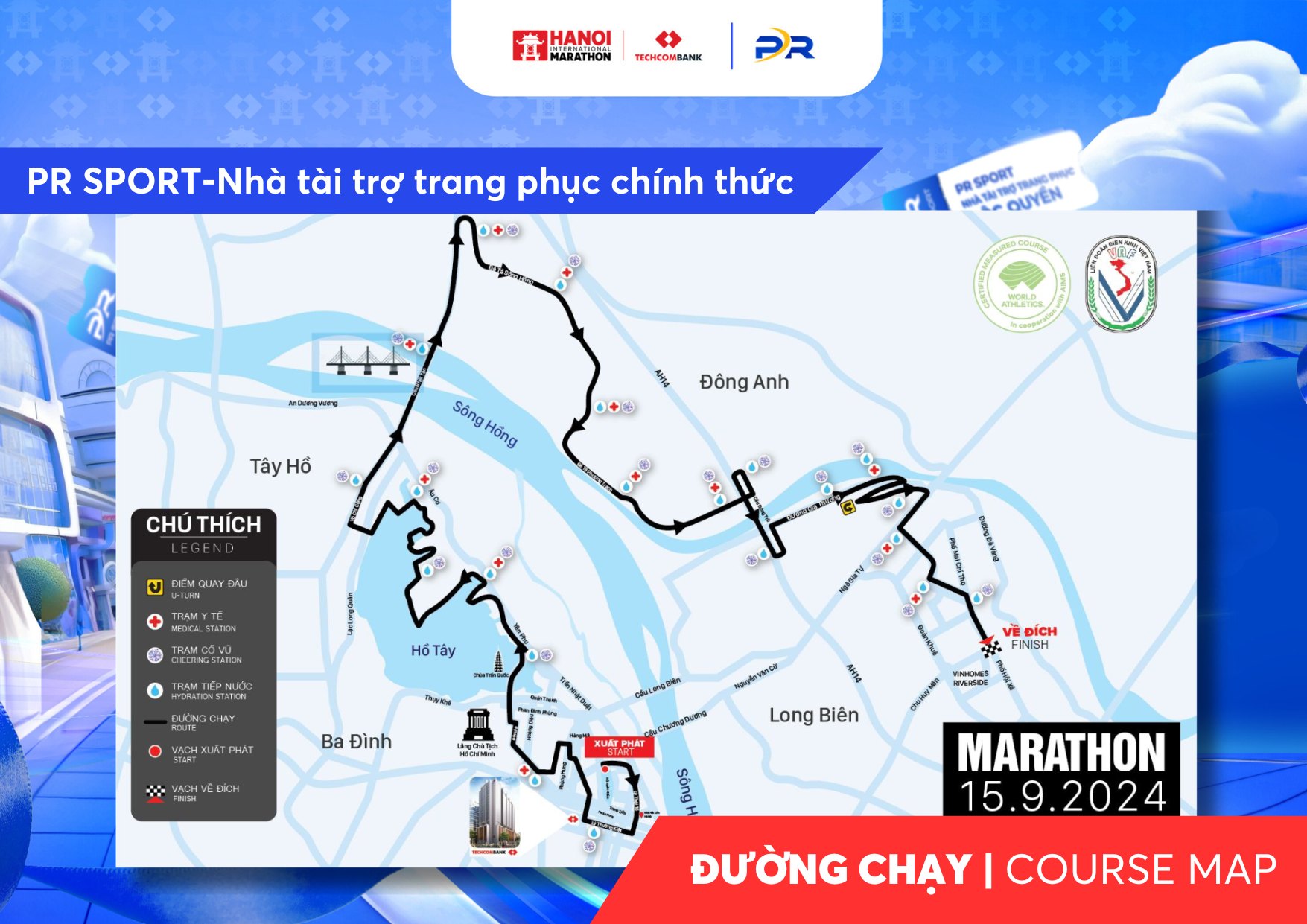 BẢN ĐỒ ĐƯỜNG CHẠY CHÍNH THỨC MARATHON QUỐC TẾ HÀ NỘI TECHCOMBANK 2024