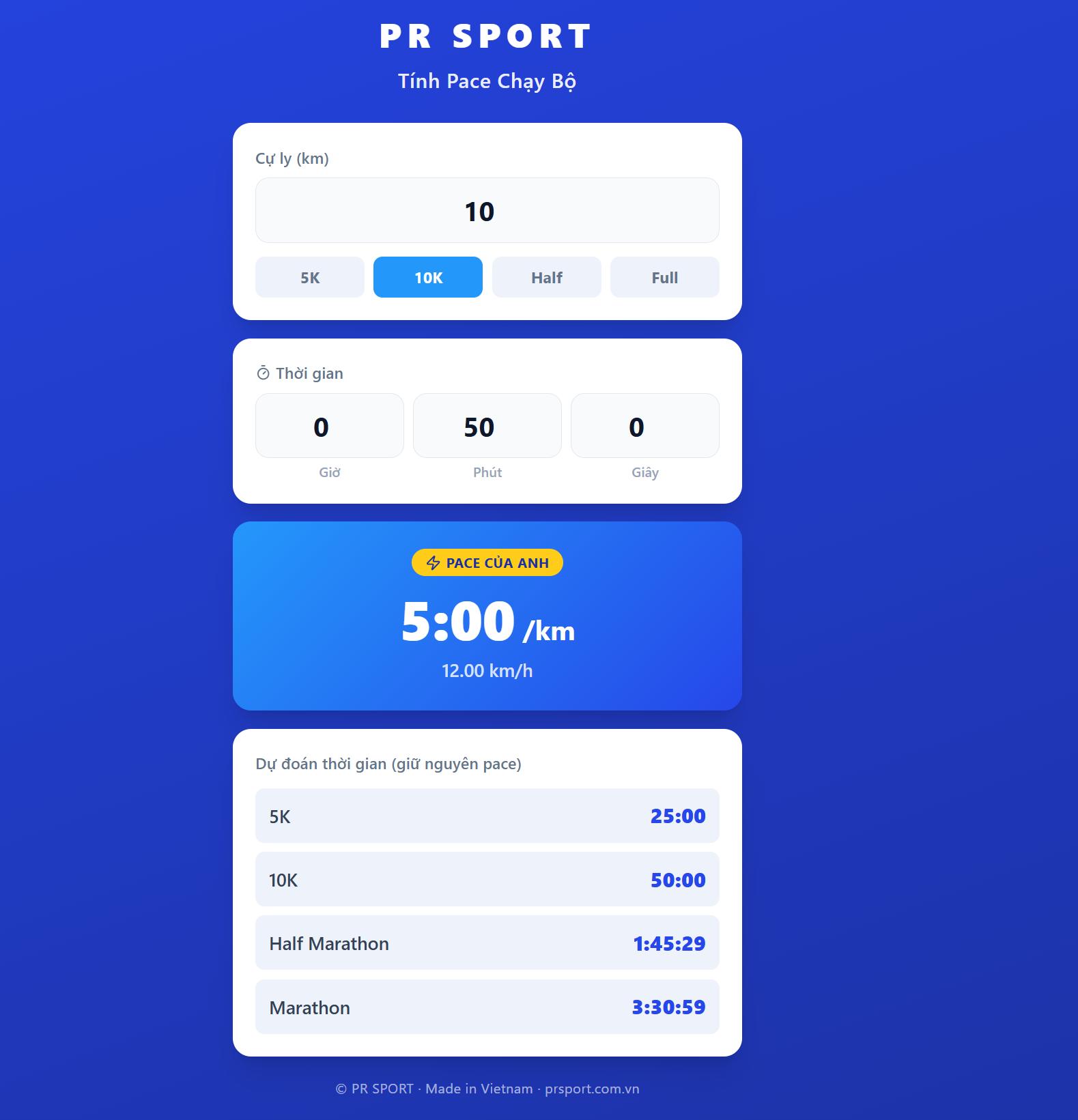 Công Cụ Tính Pace Chạy Bộ PR SPORT