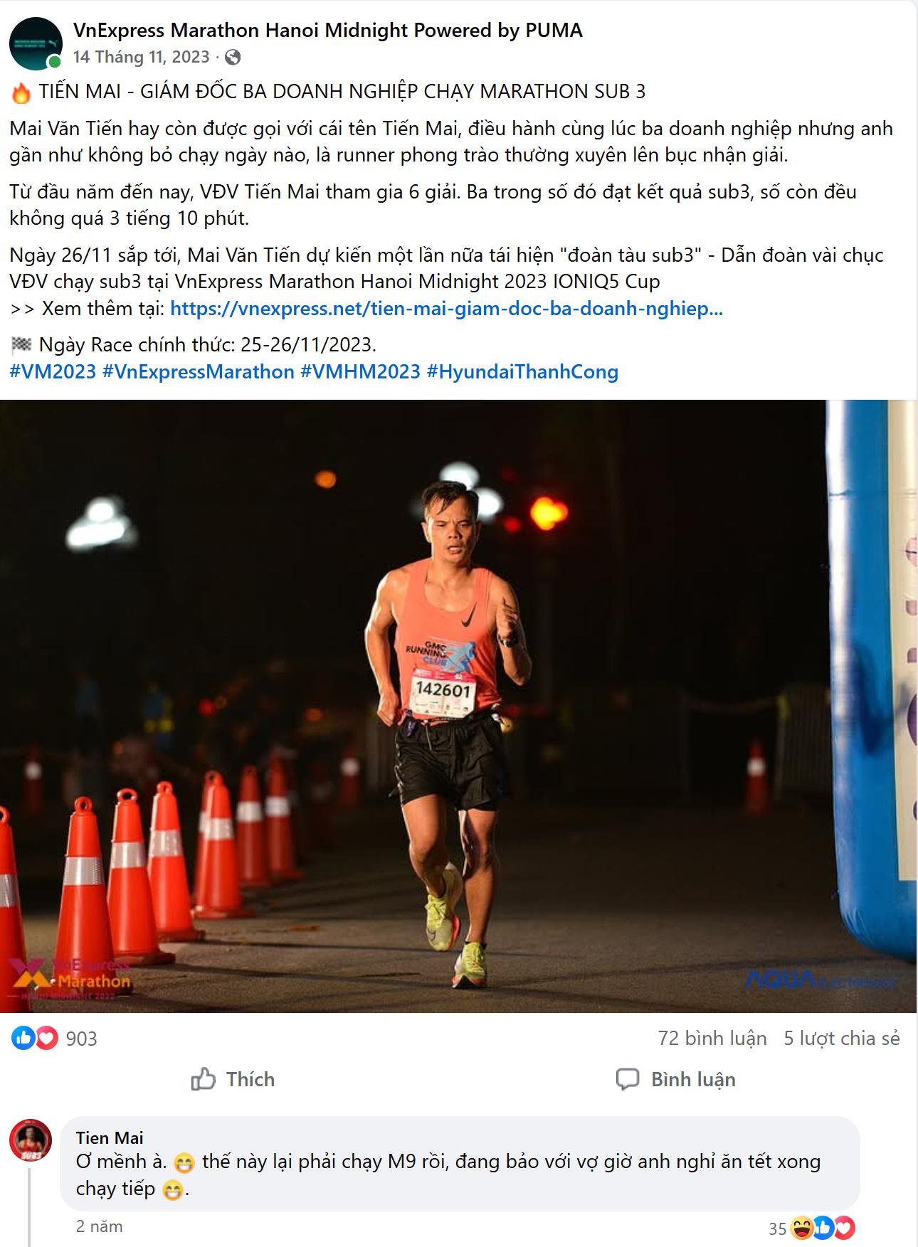 Page VnExpress Marathon Hanoi Midnight từng đưa tin về Mai Văn Tiến