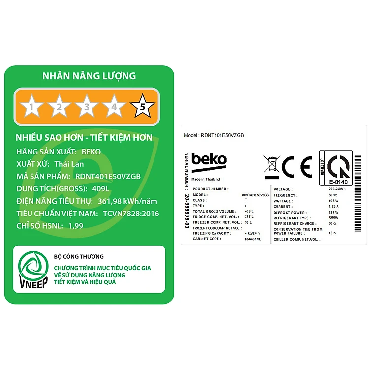 TỦ LẠNH BEKO INVERTER 375 LÍT RDNT 401E50VZGB