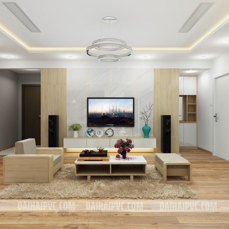 Thi công vách tivi với tấm PVC cho phòng khách TV01