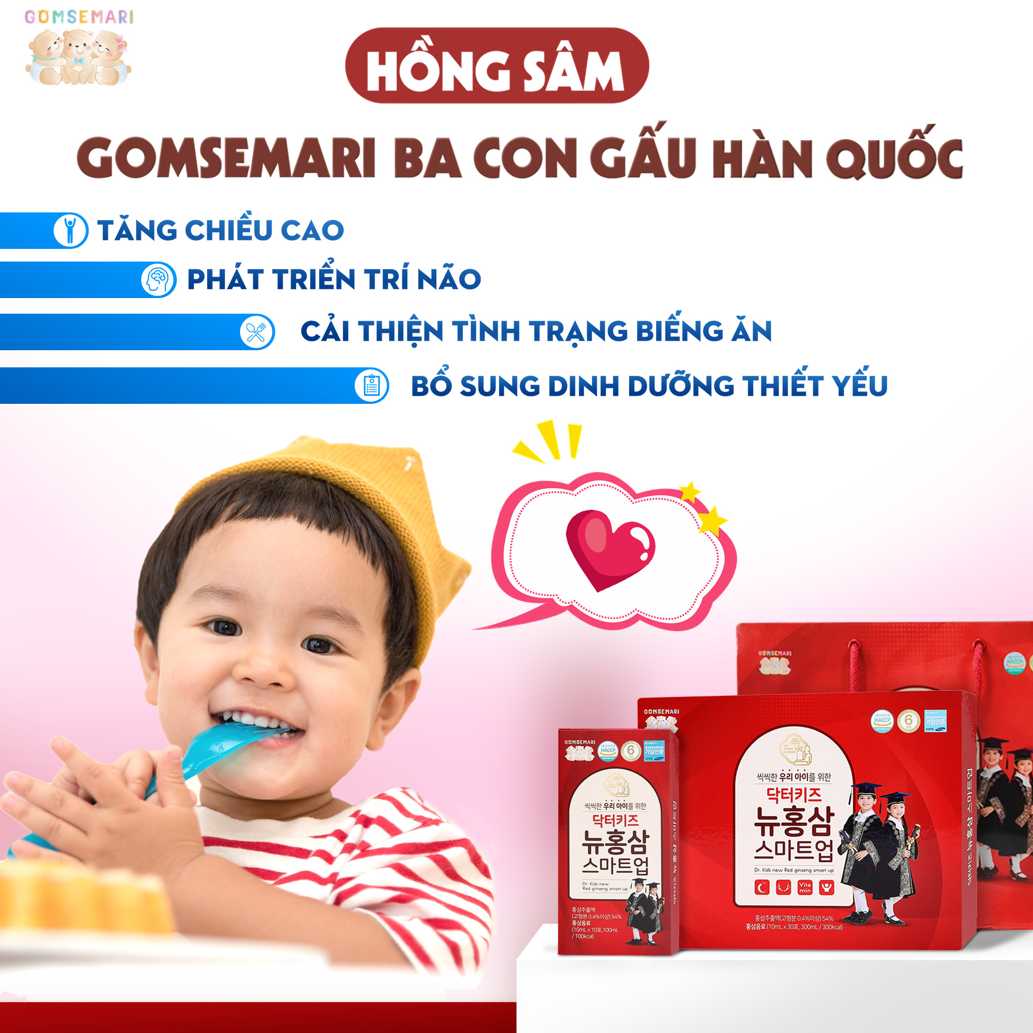 Công dụng của hồng sâm trẻ em Gomsemari Ba Con Gấu Hàn Quốc