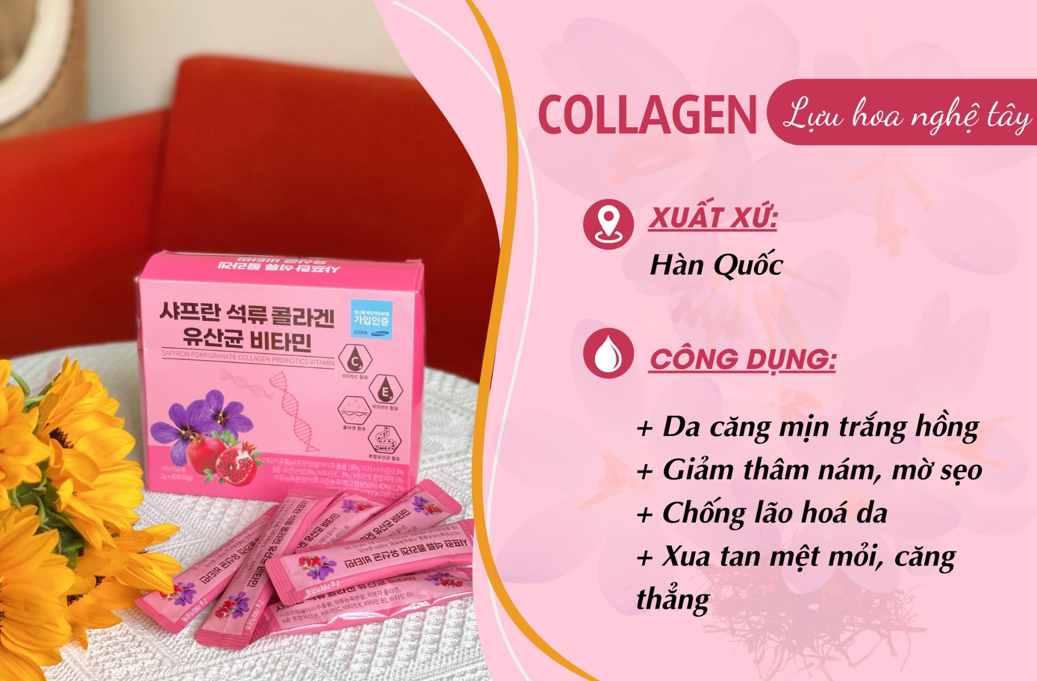 Hot face Nguyễn Thoại Nghi review Collagen Lựu Hoa Nghệ Tây Saffron Hàn Quốc
