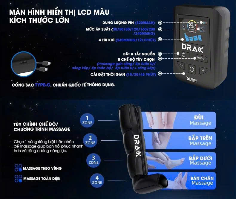 Máy Massage Nén Khí DRAX A1 Phục Hồi Cơ Chân Chuyên Sâu