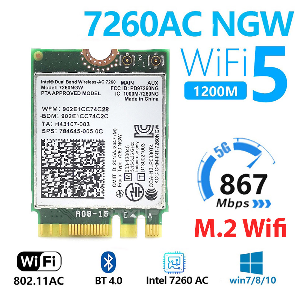 Card Wifi Intel 7260NGW M.2 2.4G/5G 867Mbps Bluetooth 4.0 ( Dùng cho HP DELL ASUS ACER )